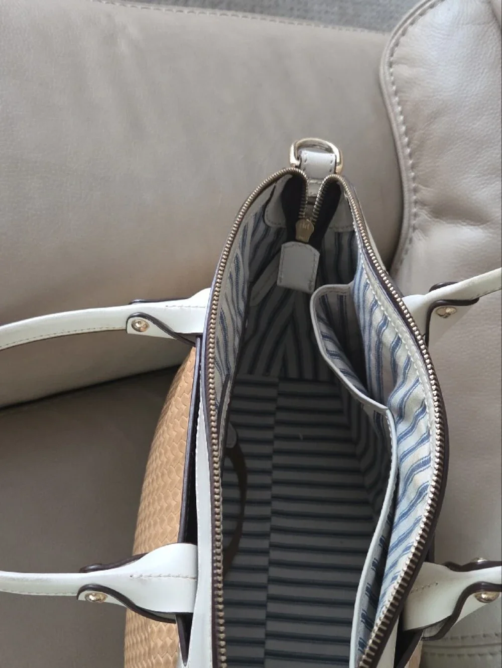 Dooney & Bourke Beige Woven and White Leather Satchel